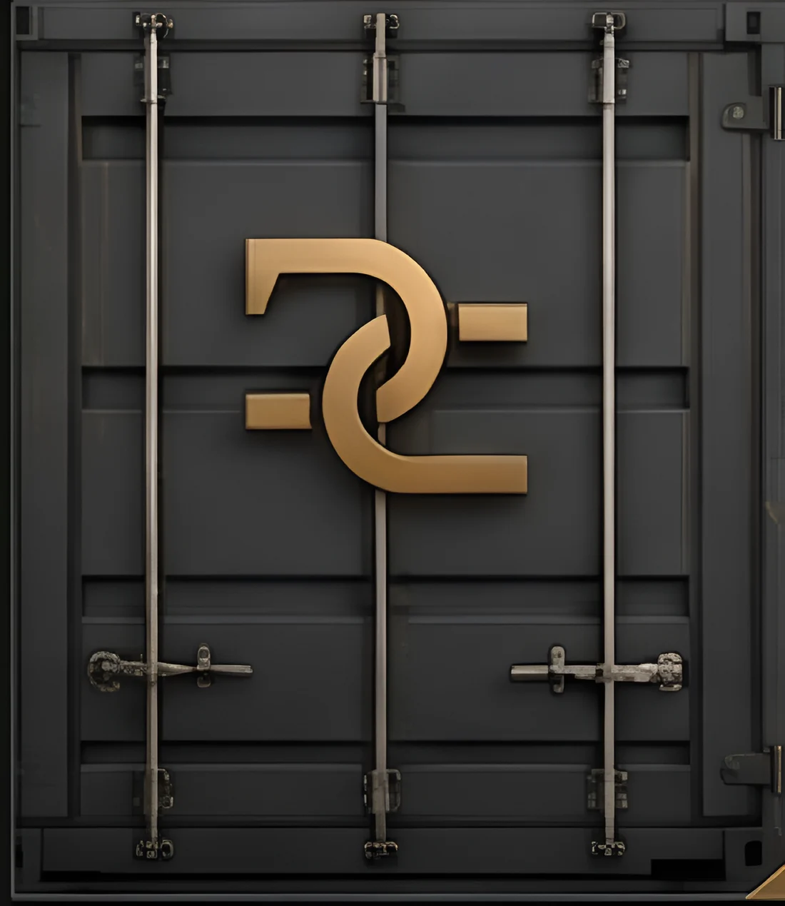 Portas de container escuras com símbolo dourado, referência visual de identidade