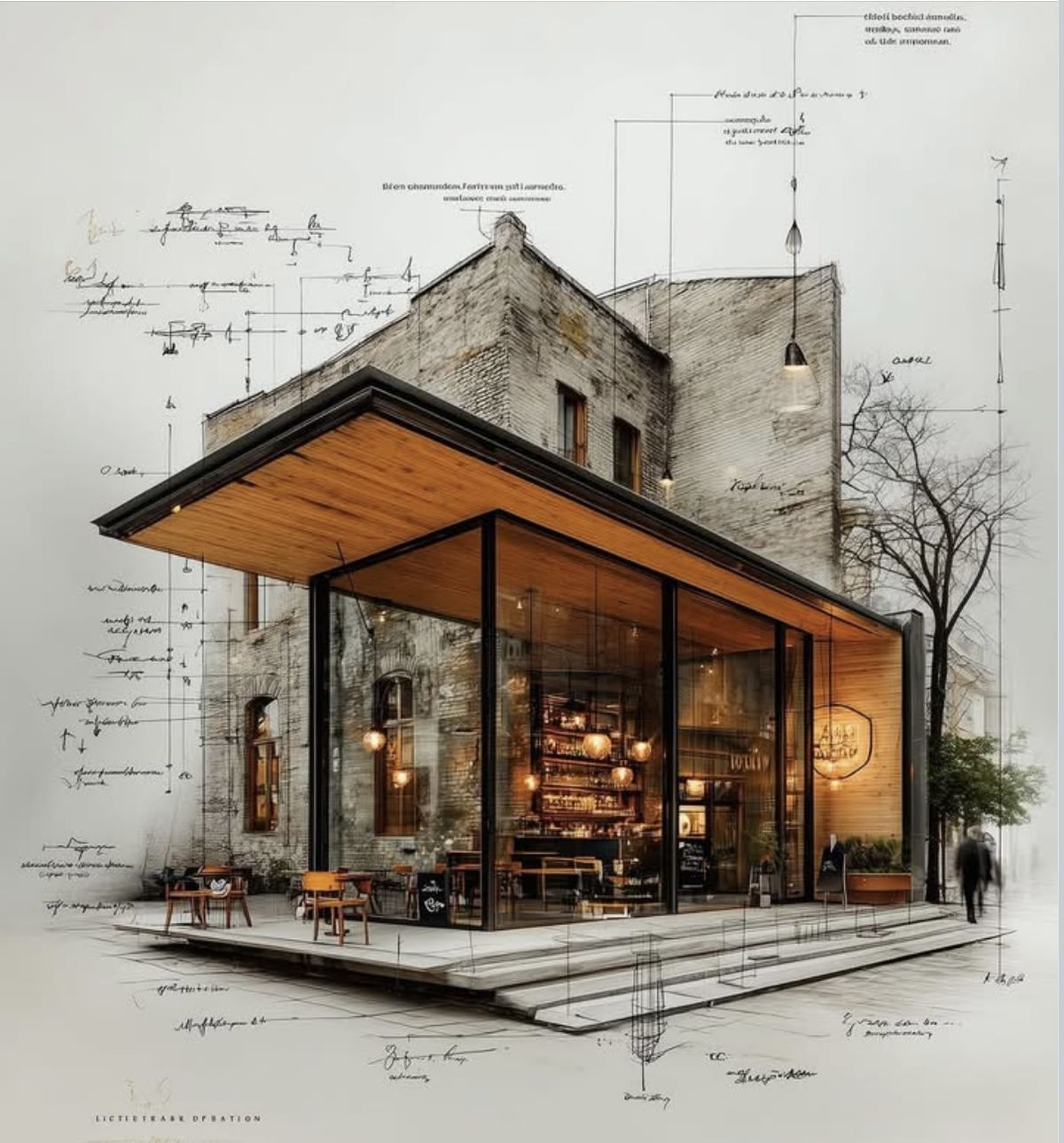 Referência visual de arquitetura com anotações de desenho
